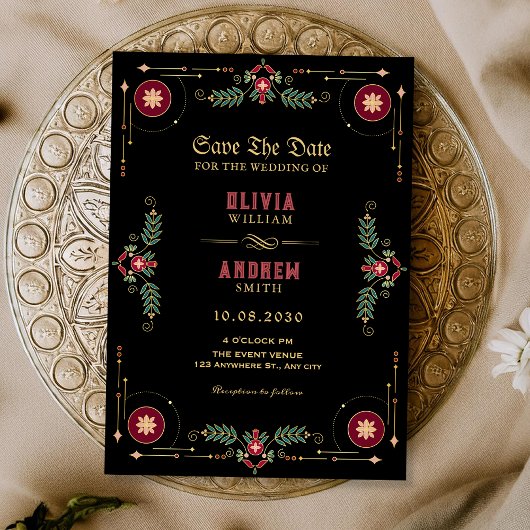 Black classic floral wedding  招待状