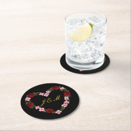 Black coasters with a pink and red heart ラウンドペーパーコースター