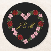 Black coasters with a pink and red heart ラウンドペーパーコースター (正面)