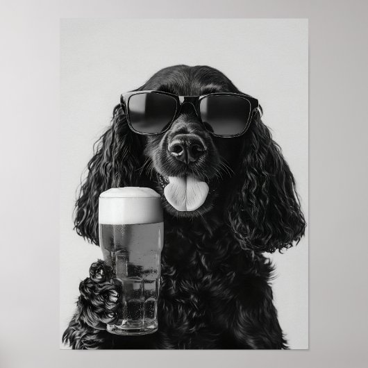 Black Cocker Spaniel Drinking Beer Wall Art, Black ポスター (正面)