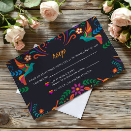 Black Colorful Floral Nuestra Boda Spanish Wedding 出欠カード