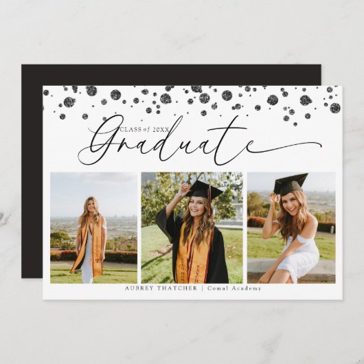 Black Confetti |  Photo Collage Graduation  招待状 (正面/裏面)