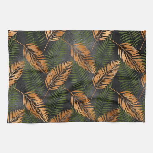 Black Copper Brown Palm Tree Leaf Glam Tropical キッチンタオル (横)