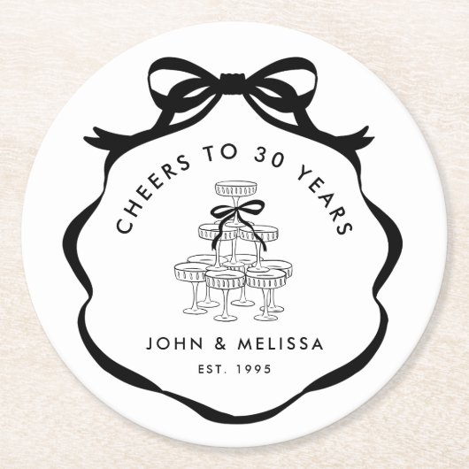 Black Coquette Bow Cheers Champagne Tower ラウンドペーパーコースター (正面)