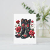 Black Cowboy Boots With Red Roses ポストカード (スタンド正面)