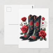 Black Cowboy Boots With Red Roses ポストカード (正面/裏面)