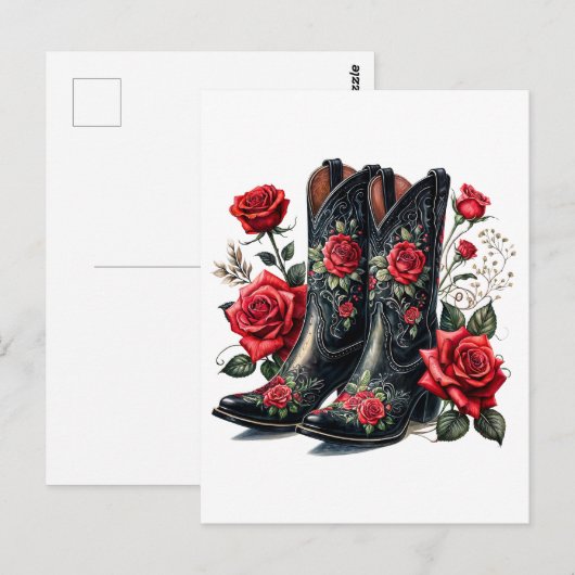 Black Cowboy Boots With Red Roses ポストカード (正面/裏面)