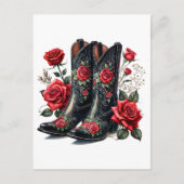 Black Cowboy Boots With Red Roses ポストカード (正面)