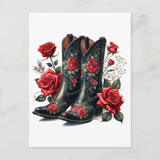 Black Cowboy Boots With Red Roses ポストカード