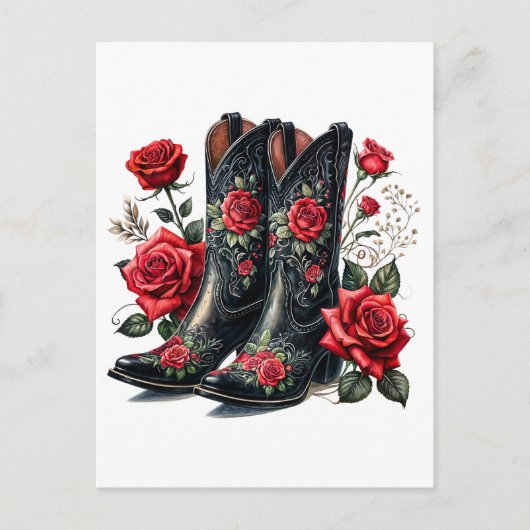 Black Cowboy Boots With Red Roses ポストカード (正面)
