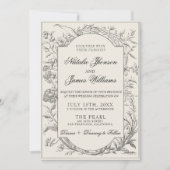 Black Cream Floral Botanical QR Code Photo Wedding 招待状 (正面)