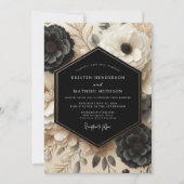 Black Cream Floral Opulent Wedding 招待状 (正面)
