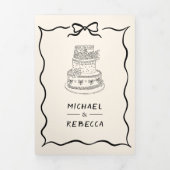 Black Cream Hand Drawn Bow QR Code Photo Wedding 三つ折り招待状 (カバー)