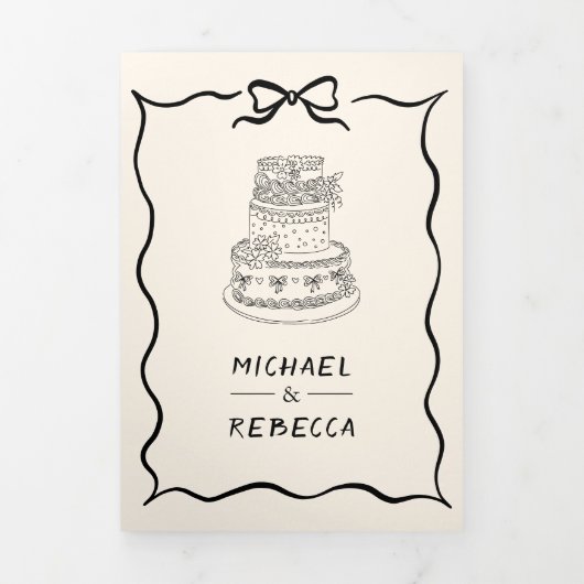 Black Cream Hand Drawn Bow QR Code Photo Wedding 三つ折り招待状 (カバー)