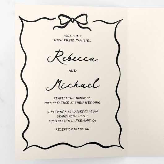 Black Cream Hand Drawn Bow QR Code Photo Wedding 三つ折り招待状 (内部最初)