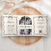 Black Cream Hand Drawn Bow QR Code Photo Wedding 三つ折り招待状