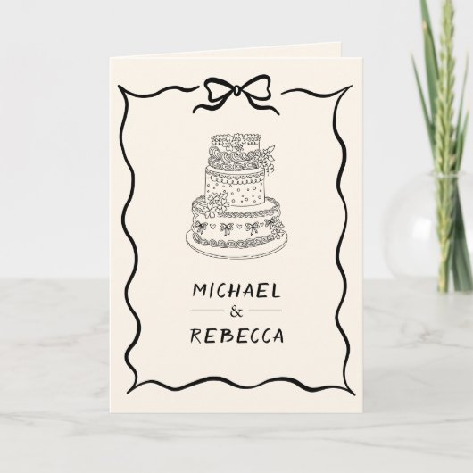 Black Cream Hand Drawn Bow QR Code Photo Wedding 招待状 (正面)