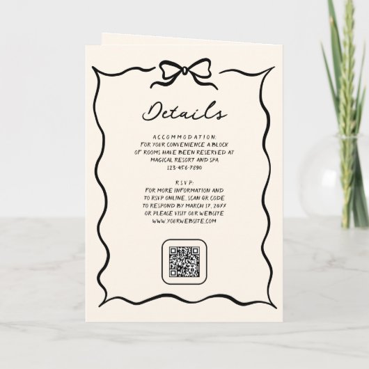 Black Cream Hand Drawn Bow QR Code Photo Wedding 招待状 (裏面)