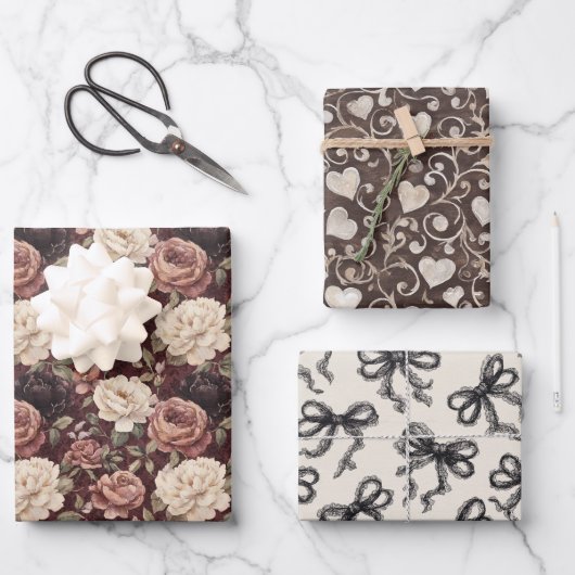 Black Cream Hearts Flowers Bows Birthday ラッピングペーパーシート (正面)