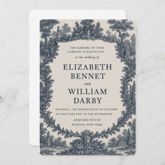 Black & Cream Toile Wedding Invitation – Old World 招待状 (正面/裏面)