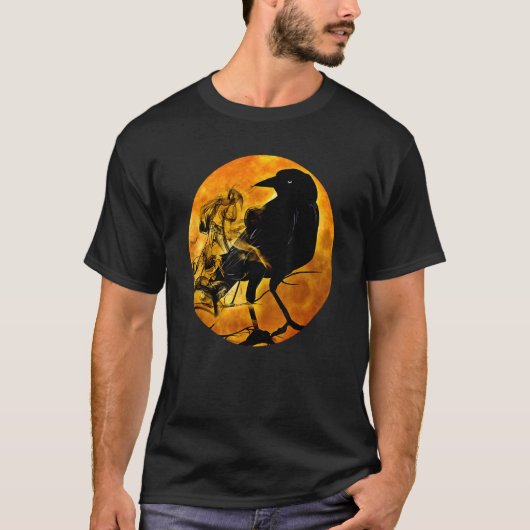 Black Crow Raven Bird & Specter Against Orange Ful Tシャツ (正面)