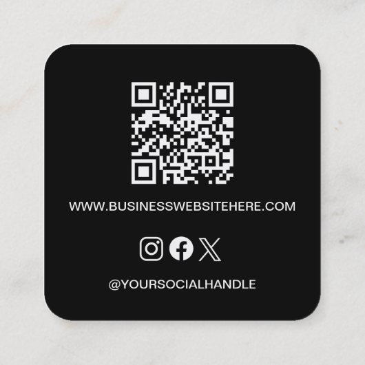 Black custom logo website QR code square Modern スクエア名刺 (裏面)