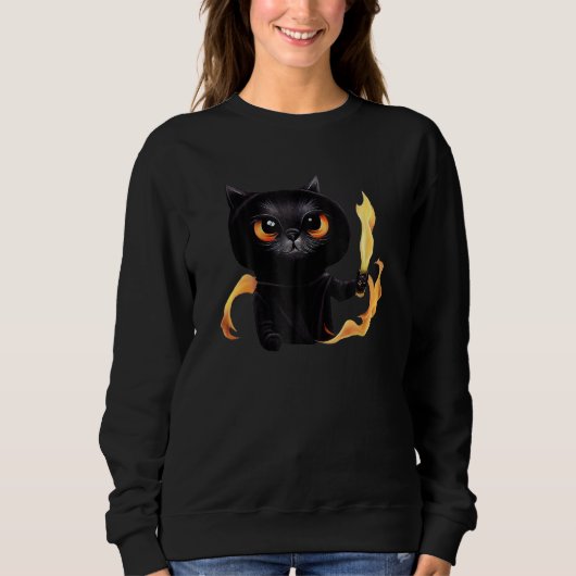 Black Cute Cat Wizard With Power Of Fire For Anima スウェットシャツ (正面)