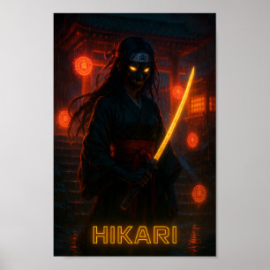 Black Cyberpunk Anime Girl with a 白熱［赤熱］光を放つ Katan ポスター
