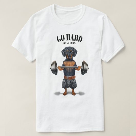 Black Dachshund Dog Muscle Training Weightlifting  Tシャツ (デザイン正面)
