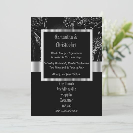 Black damask gothic wedding photo invitation 招待状 (スタンド正面)