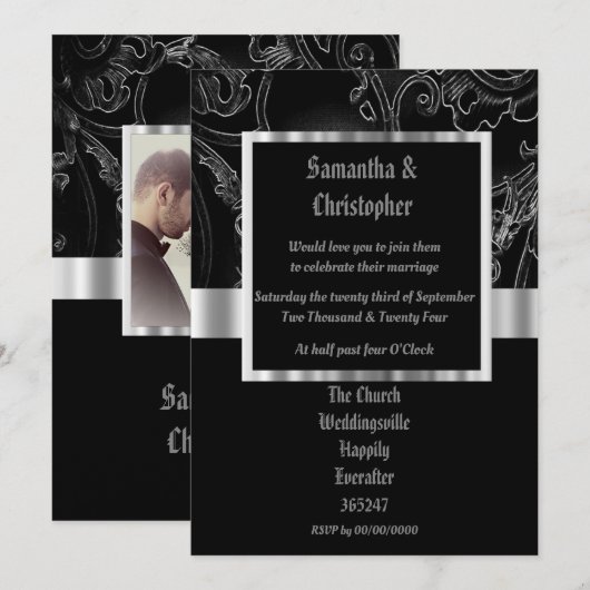 Black damask gothic wedding photo invitation 招待状 (正面/裏面)