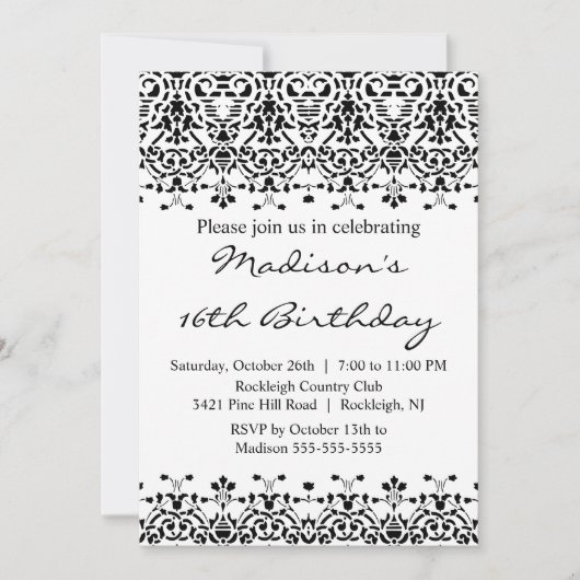 Black Damask Sweet Sixteen Birthday Invitation 招待状 (正面)