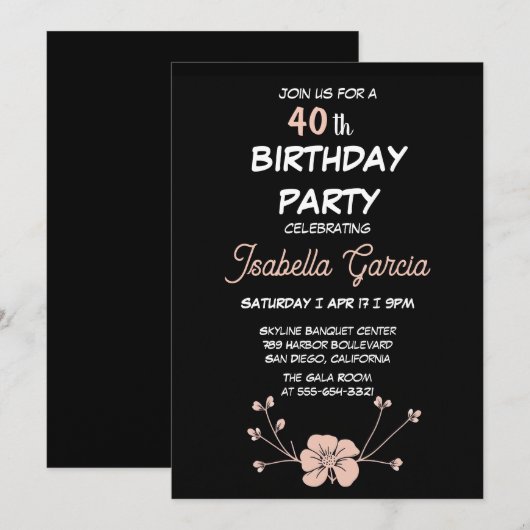 Black Dark Floral Birthday Invitation  招待状 (正面/裏面)