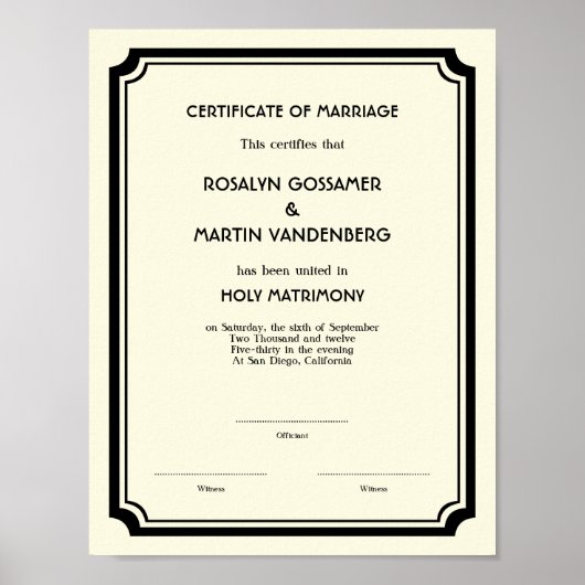 Black Deco frame keepsake wedding certificate ecru ポスター (正面)