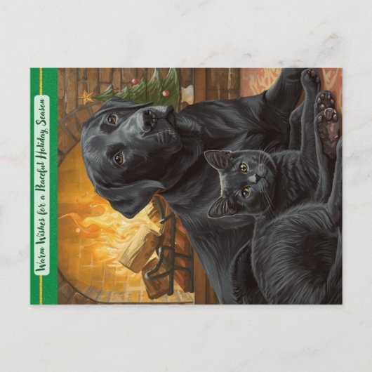 Black Dog Cat Warm Wishes Holiday Postcard シーズンポストカード (正面)