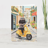 Black Doodle Riding Scooter European City Streets カード (正面)