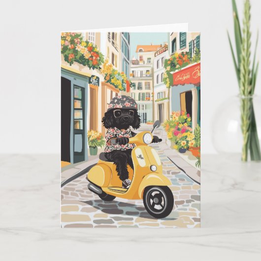 Black Doodle Riding Scooter European City Streets カード (正面)