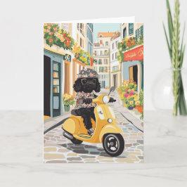 Black Doodle Riding Scooter European City Streets カード