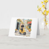 Black Doodle Riding Scooter European City Streets カード (黄色い花)