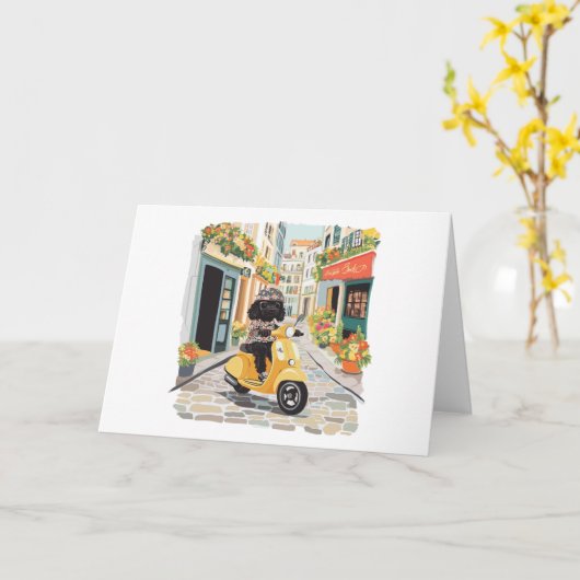 Black Doodle Riding Scooter European City Streets カード (黄色い花)
