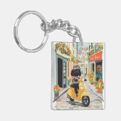 Black Doodle Riding Scooter European City Streets キーホルダー (正面左)