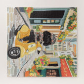 Black Doodle Riding Scooter European City Streets ジグソーパズル (横)