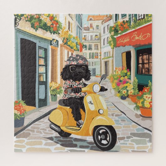 Black Doodle Riding Scooter European City Streets ジグソーパズル (縦)