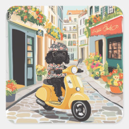 Black Doodle Riding Scooter European City Streets スクエアシール