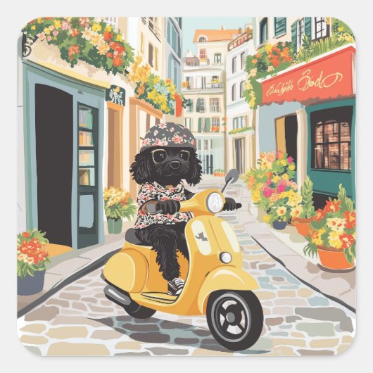 Black Doodle Riding Scooter European City Streets スクエアシール (正面)