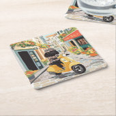 Black Doodle Riding Scooter European City Streets スクエアペーパーコースター (アングル)