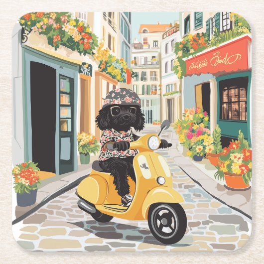 Black Doodle Riding Scooter European City Streets スクエアペーパーコースター (正面)