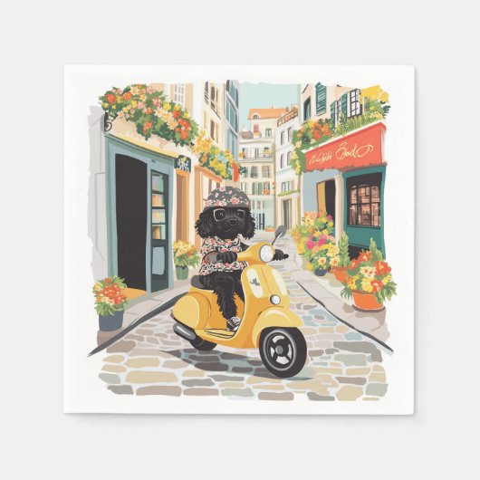 Black Doodle Riding Scooter European City Streets スタンダードカクテルナプキン (正面)