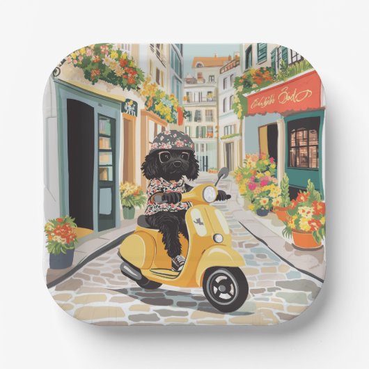 Black Doodle Riding Scooter European City Streets ペーパープレート (正面)