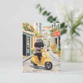 Black Doodle Riding Scooter European City Streets ポストカード (スタンド正面)